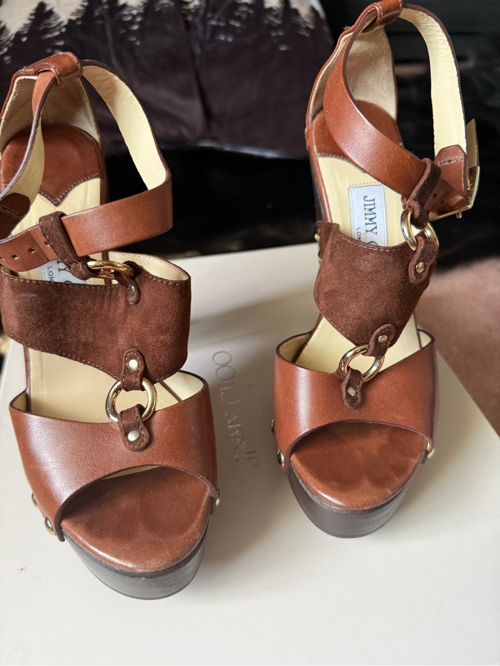 Jimmy Choo Brown Leather & Suede Platform Sandals with Gold Rings